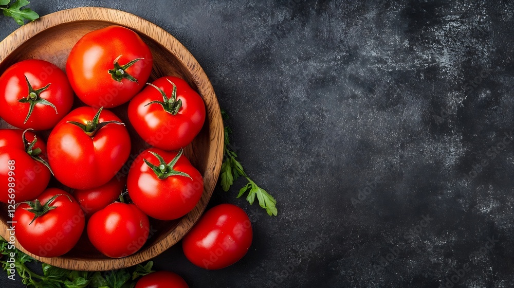 Aufkleber fresh ripe red tomatoes arranged in a wooden bowl on a dark textured surface : generative ai