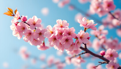 Delicate pink blossoms bloom against a clear cerulean sky