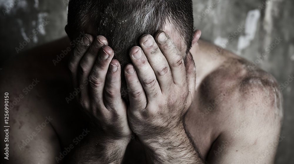 Poster Distressed man with hands on face expressing deep sadness and emotional struggle : Generative AI