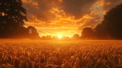 Golden wheat field sunset landscape, rural scene