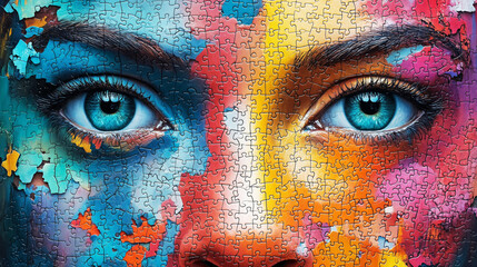 Naklejka premium vibrant face jigsaw puzzle with colorful paint splashes creates striking visual effect. intricate design features vivid blues, reds, and yellows, highlighting expressive eyes