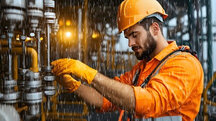 Offshore oil rig maintenance worker in bright orange protective gear and harness conducting a safety inspection inside the machinery room as rain trickles in from an access point
