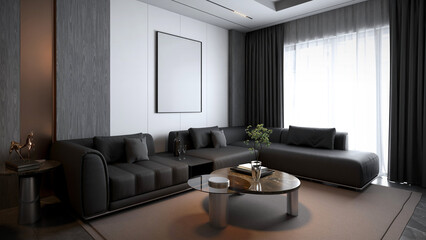 A modern living room featuring a dark sectional sofa, round coffee table, and large windows with sheer curtains, creating a stylish and inviting atmosphere. 3d rendering interior.