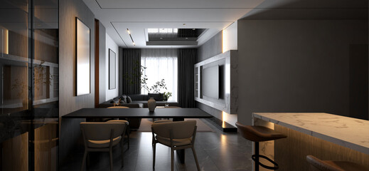 A modern, elegantly designed living space featuring a cozy seating area, a sleek dining table, and natural light from large windows. 3d rendering room interior.