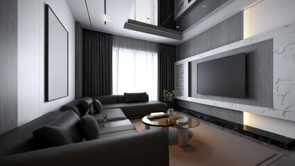 A modern living room featuring a sleek sofa, decorative elements, and large windows that allow natural light to fill the space. 3d rendering apartment interior.