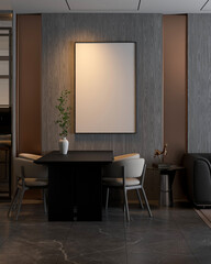 A modern dining area featuring a sleek table and stylish chairs, accented by a blank wall frame, natural decor, and a minimalist aesthetic. 3d rendering room interior.