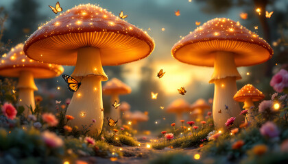 Enchanted mushroom grove with sparkling lights and fluttering butterflies