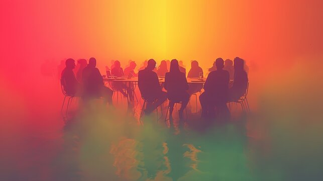 Abstract digital artwork people sitting around table in a surreal, colorful, blurred silhouettes and warm hues create dreamlike meeting scene, representing discussion, brainstorming, collaboration.