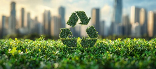 Green recycle symbol in city park. Eco-friendly concept