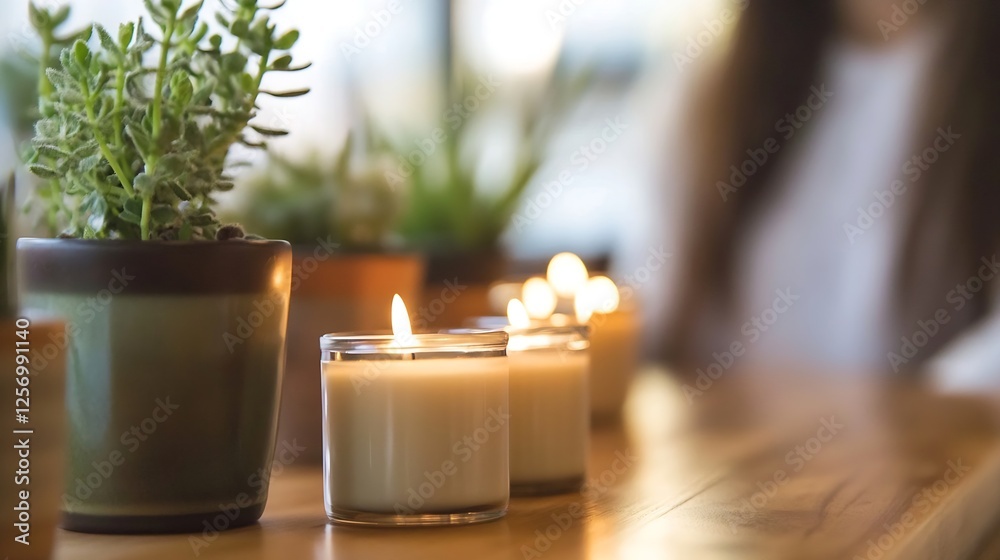 Poster Warm glowing candles surrounded by plants on a wooden table in soft light : Generative AI