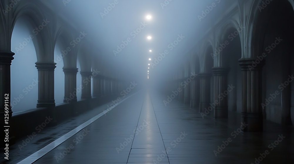 Aufkleber Mysterious Foggy Corridor with Soft Lights Illuminating the Pathway in an Architectural Setting : Generative AI
