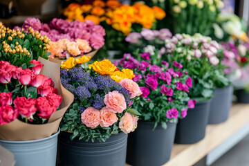       There are many different colored flowers in small metal pots