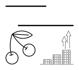 Cherries with leaves paired with a bar chart topped by upward arrows symbolize growth, productivity, and investment. Ideal for finance, agriculture, business strategy, profit, sustainability