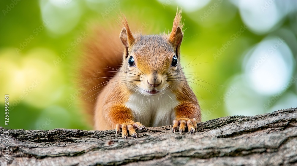 Poster Curious Squirrel Looking Directly at Camera on Tree Branch Surrounded by Green Foliage : Generative AI