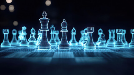 Glowing Digital Chess Pieces On Virtual Board