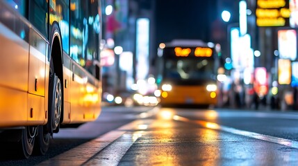 Urban scene of a bus in a lively city at night capturing public transport and city life : Generative AI
