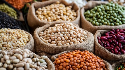 Fototapeta premium A Colorful Display of Various Dried Legumes in Natural Baskets : Generative AI