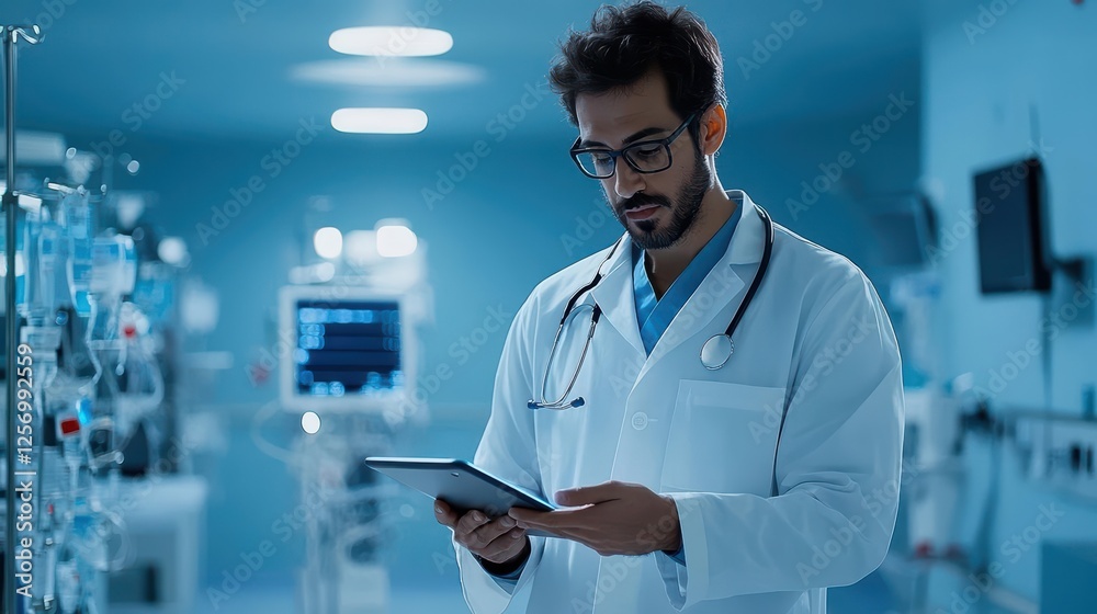 Fototapete Man in white lab coat and glasses analyzing data on a tablet in a laboratory setting