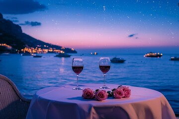 A romantic dinner on the coast, with only pink roses and two red wine in glasses on an empty table covered with white cloth overlooking the water at dusk, a starry sky, boats passing by