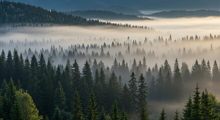 Misty Mountain Forest: Breathtaking Sunrise Over Evergreen Trees - Stock Photo