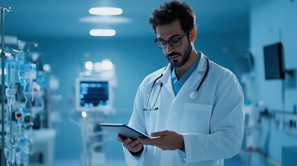 Man in white lab coat and glasses analyzing data on a tablet in a laboratory setting