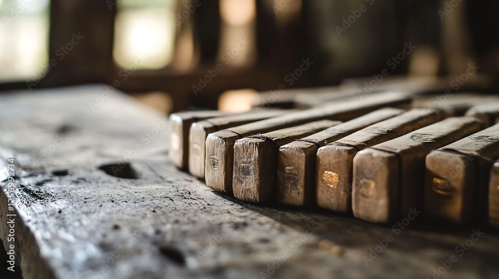 Aufkleber Closeup of wooden blocks arranged on a rough table surface showcasing craftsmanship and natural materials : Generative AI