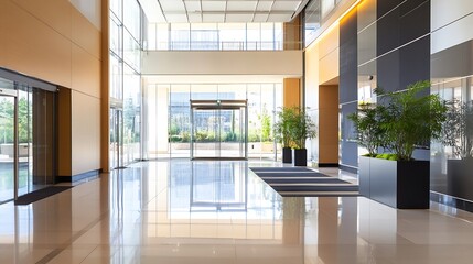 Modern office lobby showcasing sleek design and greenery along with natural light through large glass windows : Generative AI