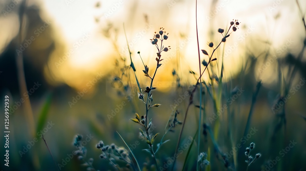 Poster closeup of delicate wildflowers in a field illuminated by soft golden sunlight : generative ai