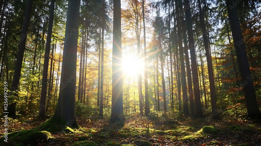 Poster golden sunlight streaming through tall trees in a picturesque forest creating a natural paradise : g