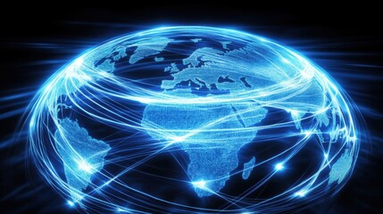 Obraz premium A glowing 3D globe with bright blue and white lines representing data flow, digital connections lighting up around the world