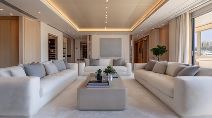 Elegantly designed modern living room interior featuring a bright and spacious layout with natural light : Generative AI