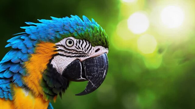 Colorful parrot grooming feathers in lush green jungle setting with soft sunlight