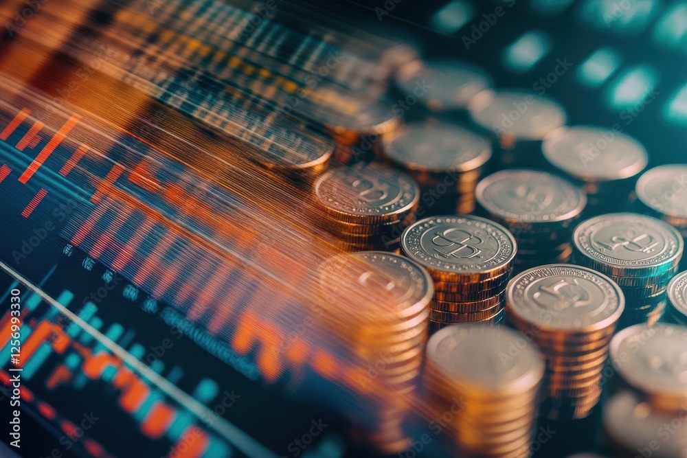 Poster A pile of coins stacked with a financial chart displayed in the background for investment analysis