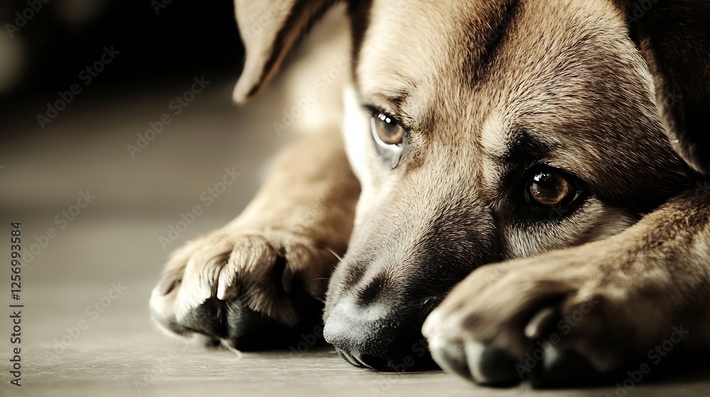 Poster close up portrait of a sad dog laying on the floor with expressive eyes looking away : generative ai