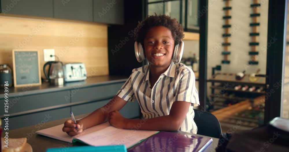 Poster Homework, headphones and face of child with notebook writing for learning, education and lesson. School, portrait and African boy with music with notebook for studying, knowledge and development