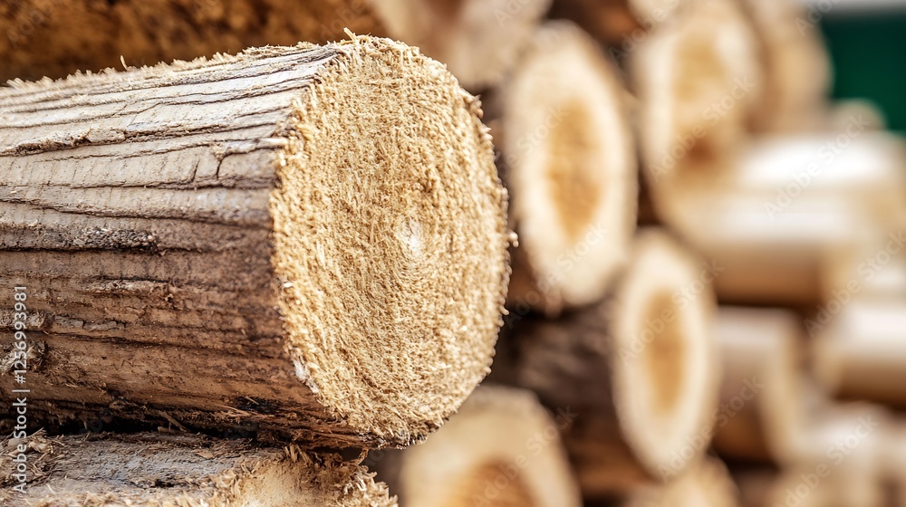 Aufkleber Closeup view of stacked timber logs ready for use in home construction and woodworking projects : Generative AI