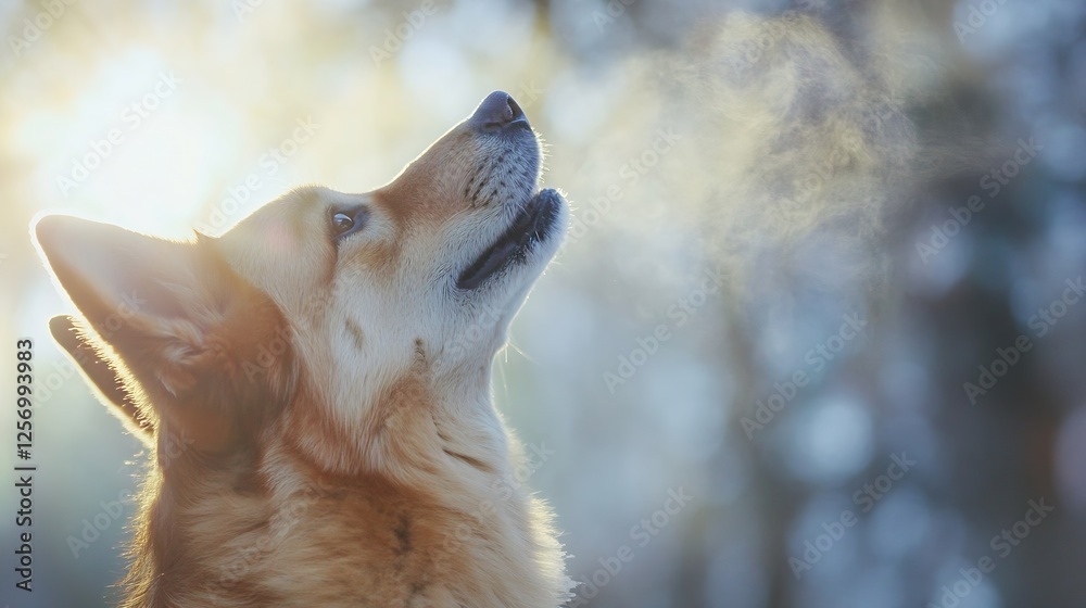 Poster beautiful corgi dog gazing upwards with steam from breath in serene forest atmosphere : generative a
