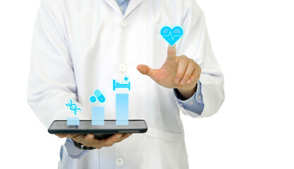 A healthcare worker in a lab coat is interacting with a tablet, displaying health metric and digital icon representing medical data and patient care.