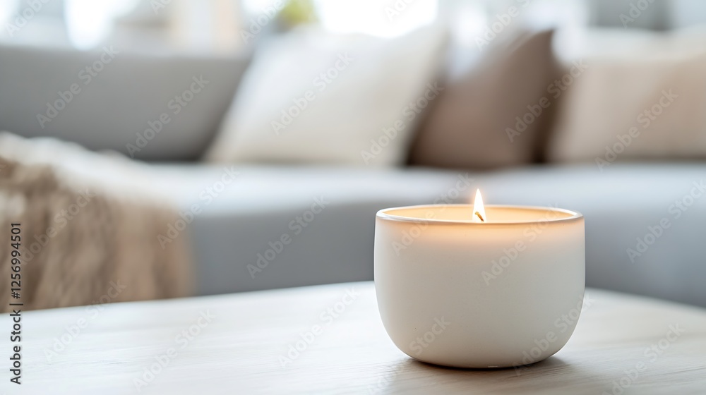 Poster aromatic candle burning softly in a minimalist white container on a wooden table : generative ai