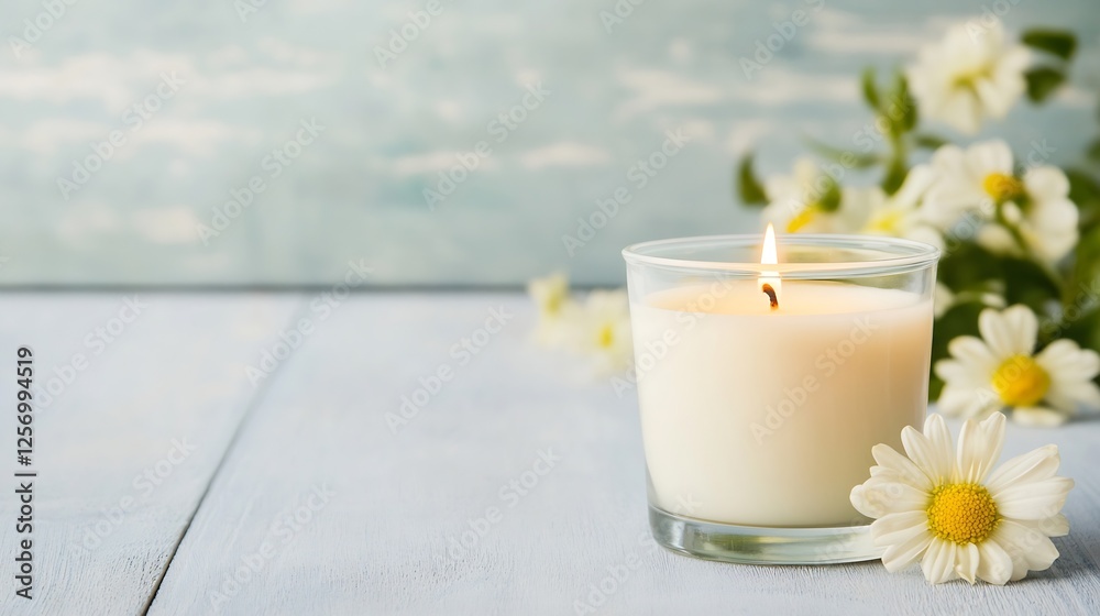 Poster delicate daisy flowers beside a glowing candle on a rustic wooden table in a serene setting : genera