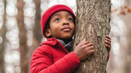 A young Black boy in a red cap and jacket is climbing a tree in a serene forest setting