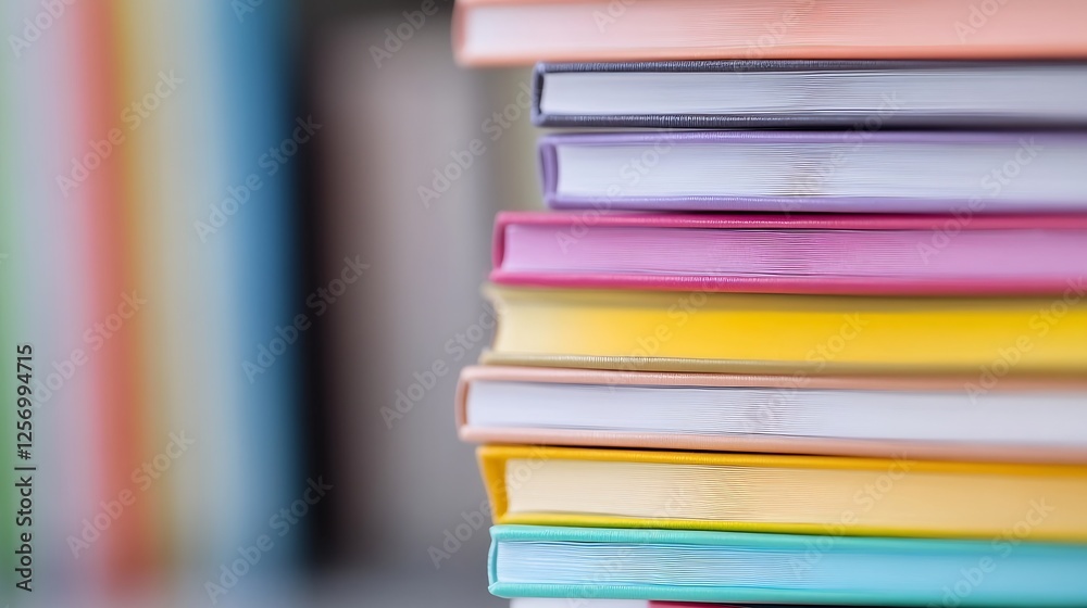 Poster colorful stacked books showcasing an organized library shelf representing knowledge and education : 