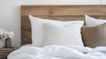 Comfortable and stylish bedroom setup with cozy pillows and wooden headboard : Generative AI