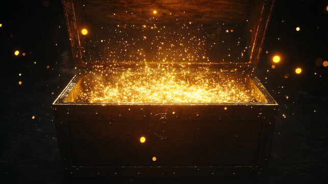 a wooden box with a lot of gold