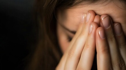 Close up of a woman with hands over her face showing signs of distress and worry : Generative AI