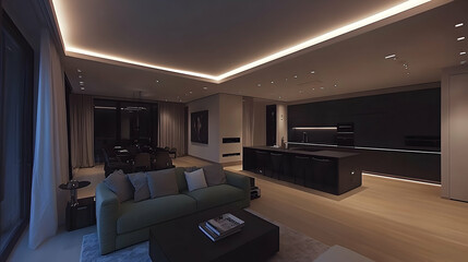 Modern apartment living room at night, kitchen view