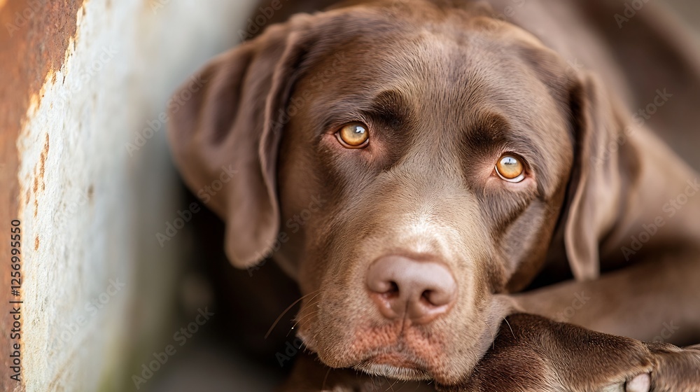 Poster closeup of a chocolate labrador retriever resting peacefully with soulful eyes conveying emotion and