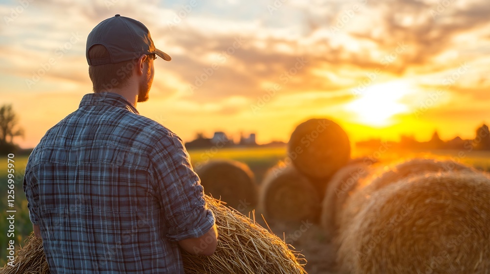 Poster hardworking farmer enjoying a peaceful sunset view while carrying fresh hay bales : generative ai