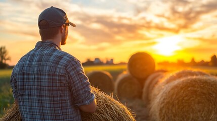 Hardworking farmer enjoying a peaceful sunset view while carrying fresh hay bales : Generative AI