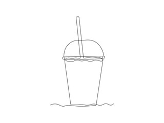 abstract juice glass with lid and straw, continuous single one line art hand drawing sketch logo
